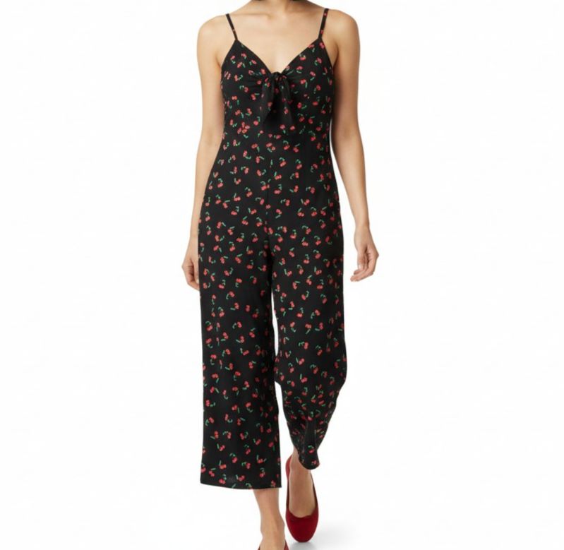 New Intermix Tiffany Cherries Silk Jumpsuit Women 8 Black Red Cropped $345 Usa